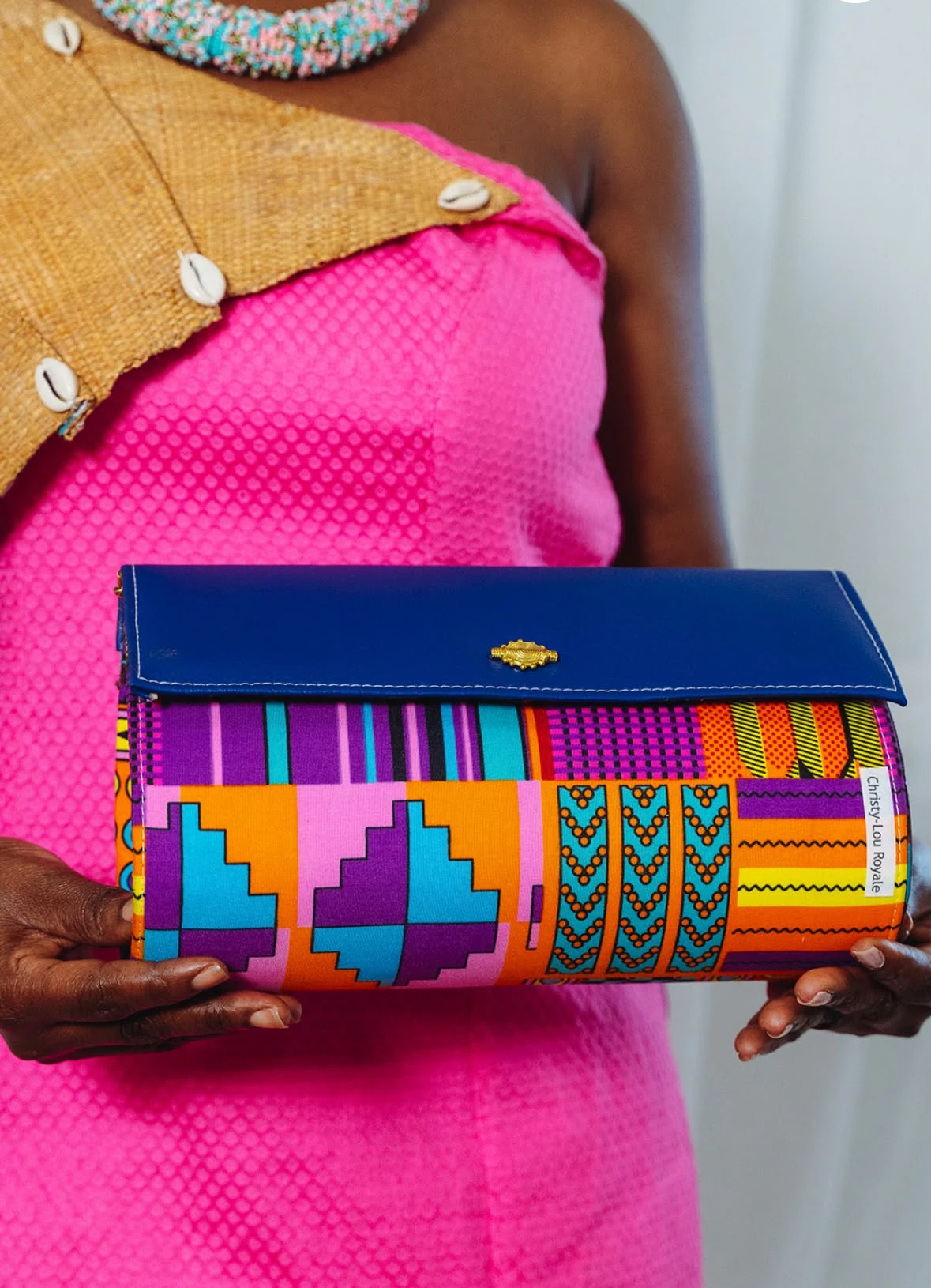 Pochette Royale Diboty, cuir bleu royal et kente